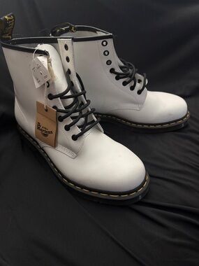 Dr. Martens White Leather Lace-Up Boots with Yellow Welt Stitching Size 10